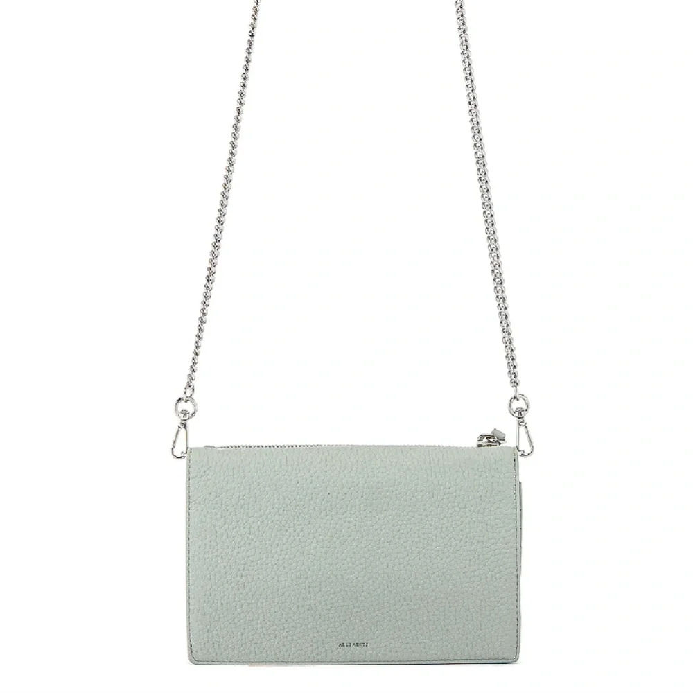 NWT $228 AllSaints FETCH LEATHER CHAIN WALLET CROSSBODY BAG in Sky Blue!